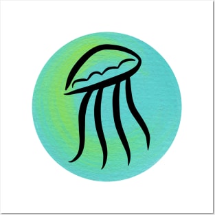 Jellyfish on Painted Aqua Circle Posters and Art